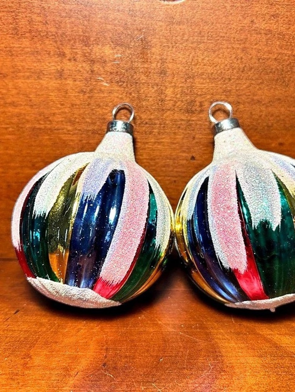 Quantity 2 - Sparkling Mica Painted Stripes Multicolor Glass Ornaments 2.5” wide